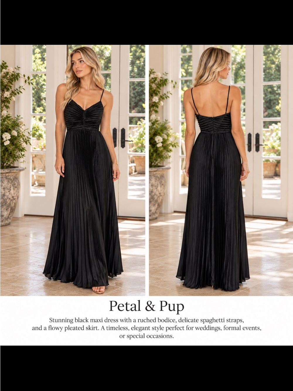 Petal & Pup Black Ruched Bodice Pleated Maxi Dress
